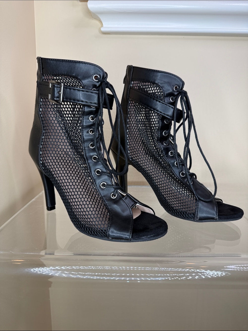 Black Mesh Lace-Up Open-Toe Stiletto Heels